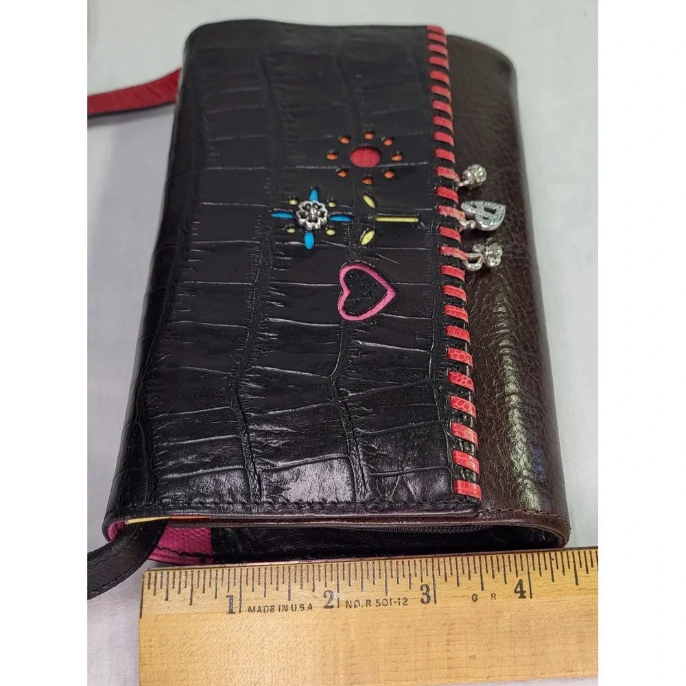 Brighton Crossbody Bag Wallet Purse Croc Embossed Charms Red & Black Strap Heart